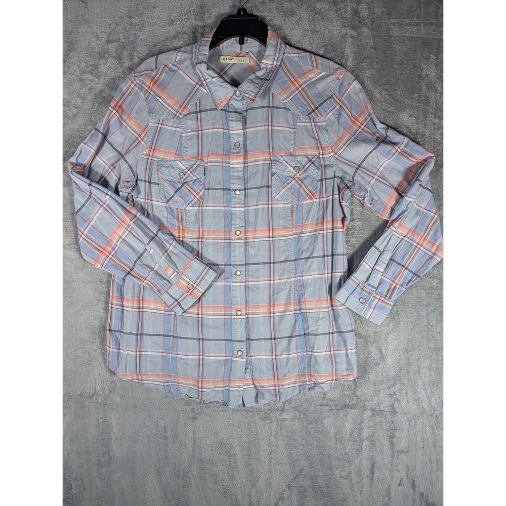 Old Navy Womens XL Blue Orange Plaid Western Snap Button Down‎ Long Sleeve Shirt